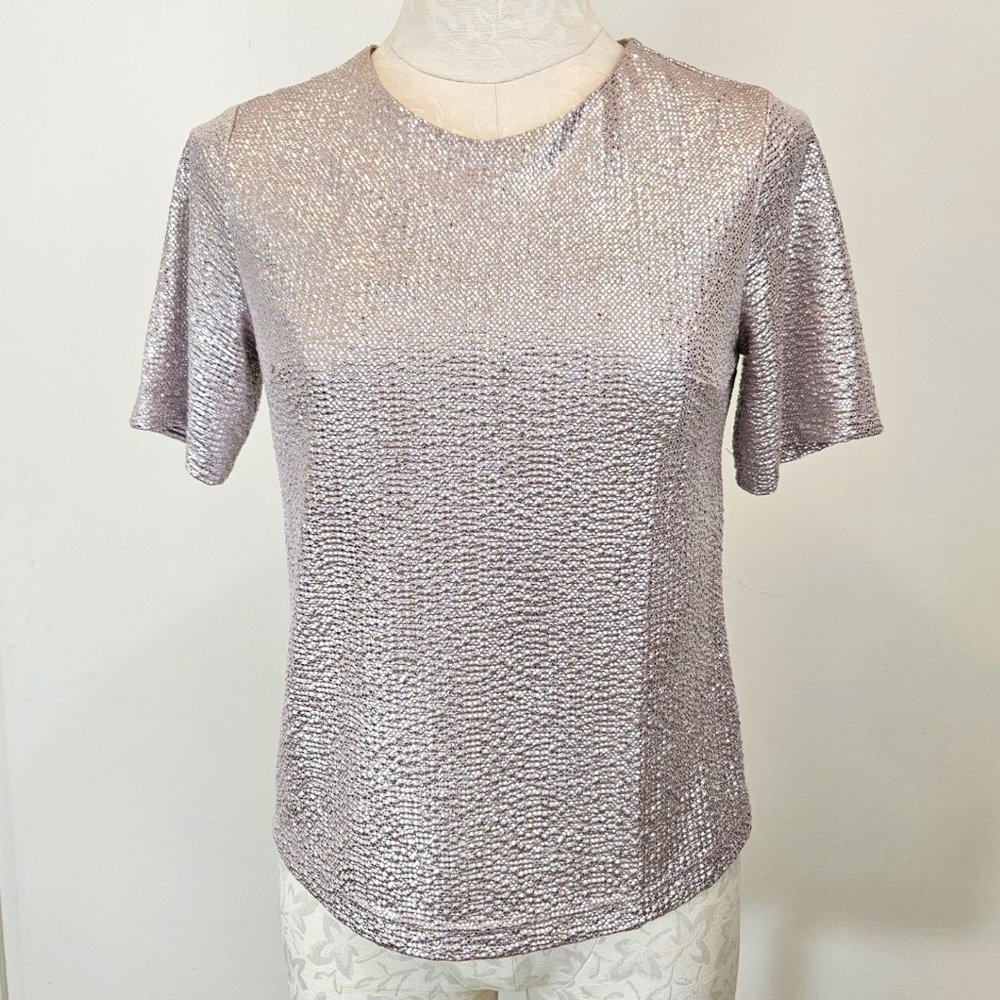 Monteau Los Angeles Silver Pink Metallic Short Sleeve Blouse, Small